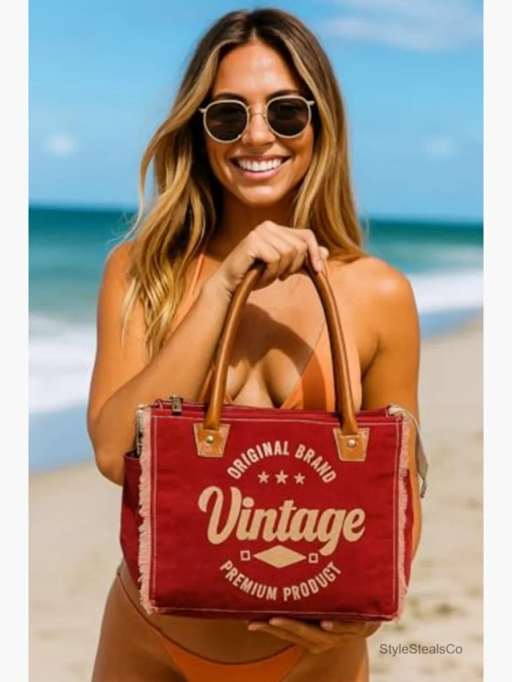 Canvas Tote Bag with Leather Handles, Shoulder & Beach Bag - 13x10 - Picture 4 of 7